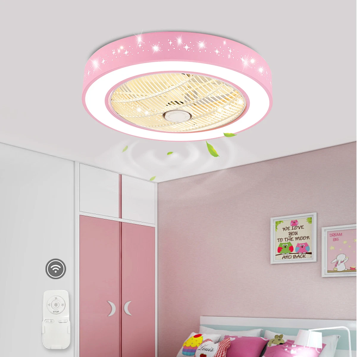 Pink Ceiling Fan With Led Light Modern Lamp Kids Girls Room Bed Remote