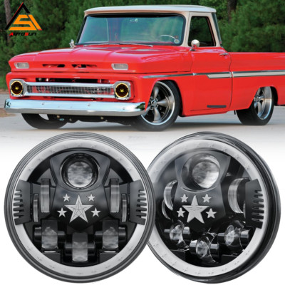 Pair 7'' inch LED Headlight Star Beam DRL Ring Turn Signal For Chevy C10 C20 Nova