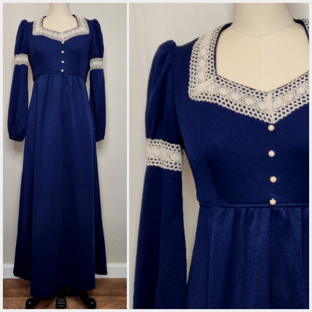 Vintage 70s Royal Blue Ivory White Lace Maxi Dress Tie Empire