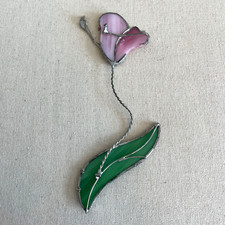 Vintage 1996 American Art Glass Stained Glass Wired Flower Pink Green USA Rare