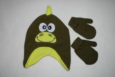 Toddler Boys DINOSAUR WINTER HAT Green Fleece SPIKE HORN Ear Flaps MITTENS