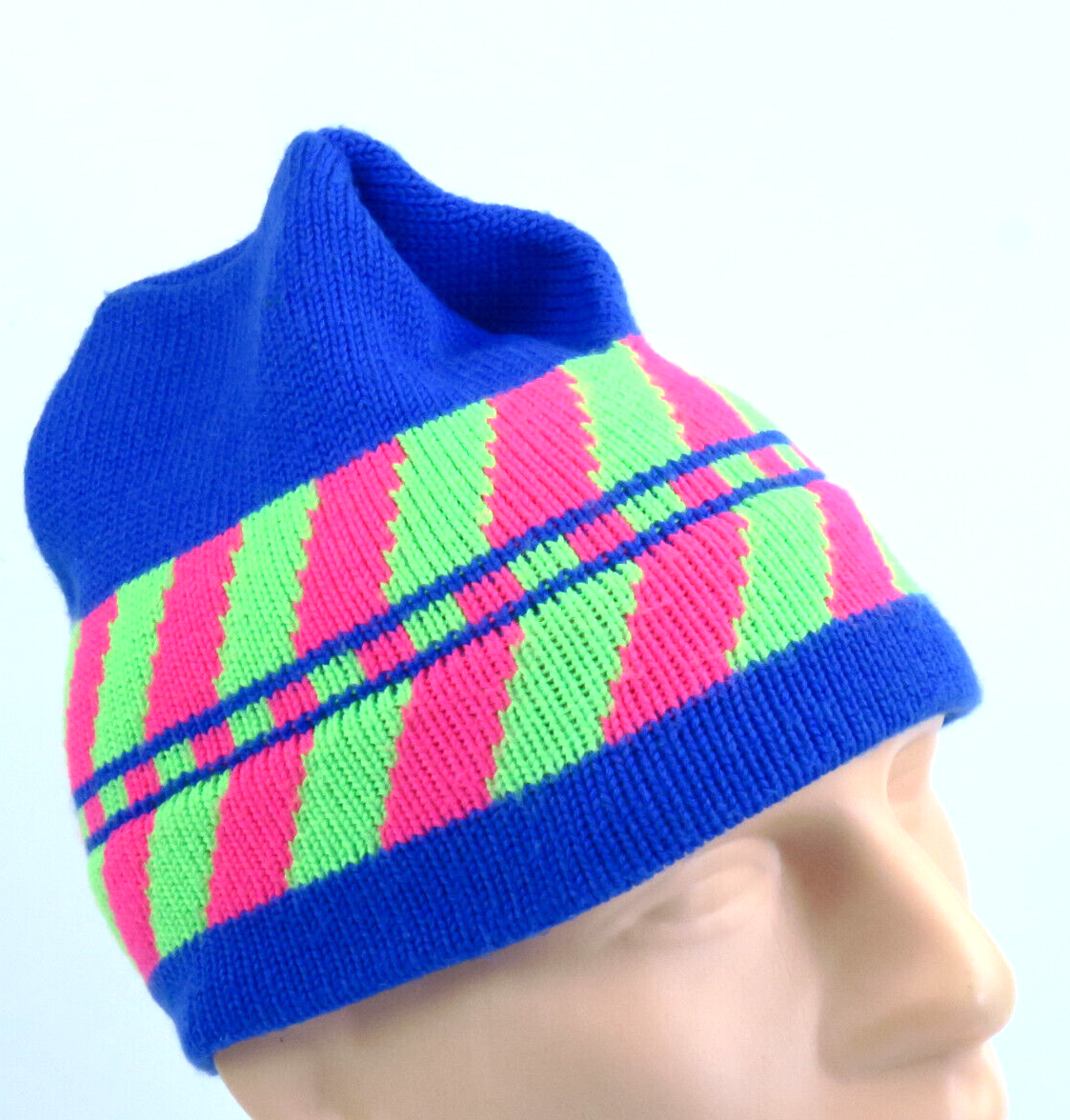 Vintage Ossi Ski Snow Hat Beanie Wool Blend Blue Pink Warm  display picture 3