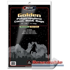 100 Bags BCW Resealable Golden Comic Bags-Thick 2 Mill Poly. 8 x 10 1/2 (#CS129)