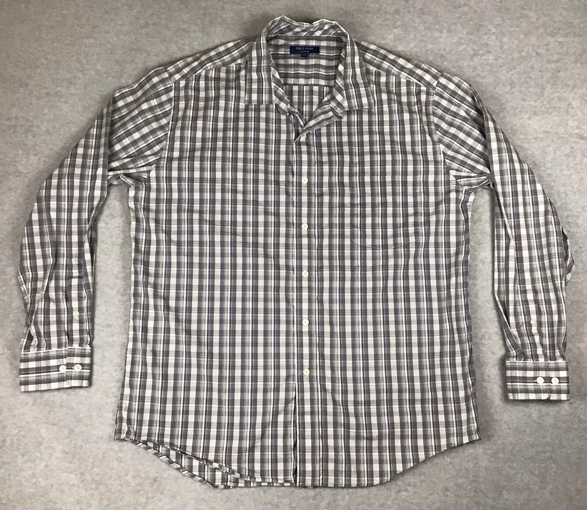 cole haan dress shirts Cole Haan Grand OS Button Down Shirt Mens XXL Gray Blue Plaid Cotton Blend