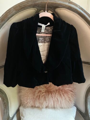 DVF Diane Von Furstenberg Silk Velvet  Bolero Jacket Black 4 Small Lace EUC - Picture 1 of 9