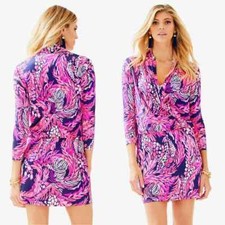 Lilly Pulitzer Mini Dress Womens XLarge Pink Navy Felizia 100%Silk Vacation