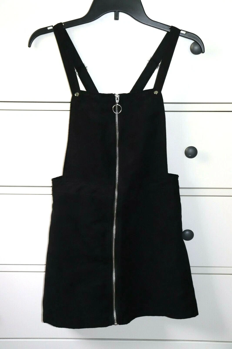 H M Divided Faux Suede Black Full Front Zip Overall Mini Dress