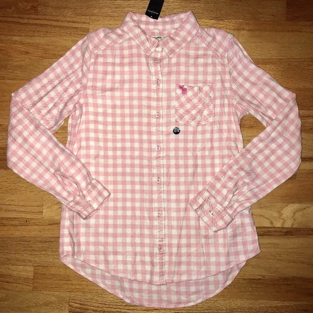NWT Abercrombie Kids Girls Pink Checkered Flannel Button Up Shirt Top