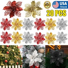 20Pcs Christmas Glitter Poinsettia Flowers Artificial Xmas Tree Flowers 5" USA