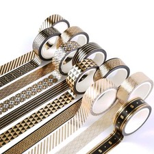 YUBBAEX 10 Rolls Washi Tape Set Black Gold Foil Print Decorative Tapes for Arts,