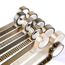 YUBBAEX 10 Rolls Washi Tape Set Black Gold Foil Print Decorative Tapes for Arts,