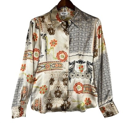 Bob Mackie Womens 12 100% Silk Button Front Blouse Floral Patchwork Beige Boho