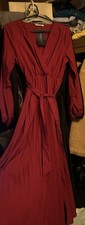 Womens Wrap V Neck Tie Waist Pleated Dress Pleated Ruffle Hem Long Sleeve A Line