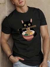 Black cat with ramen Men's Short Sleeve T-shirt Summer T-shirt Top