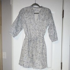 ZARA Blue White Floral 3/4 Sleeve Shirt Dress Belted Button Short Women