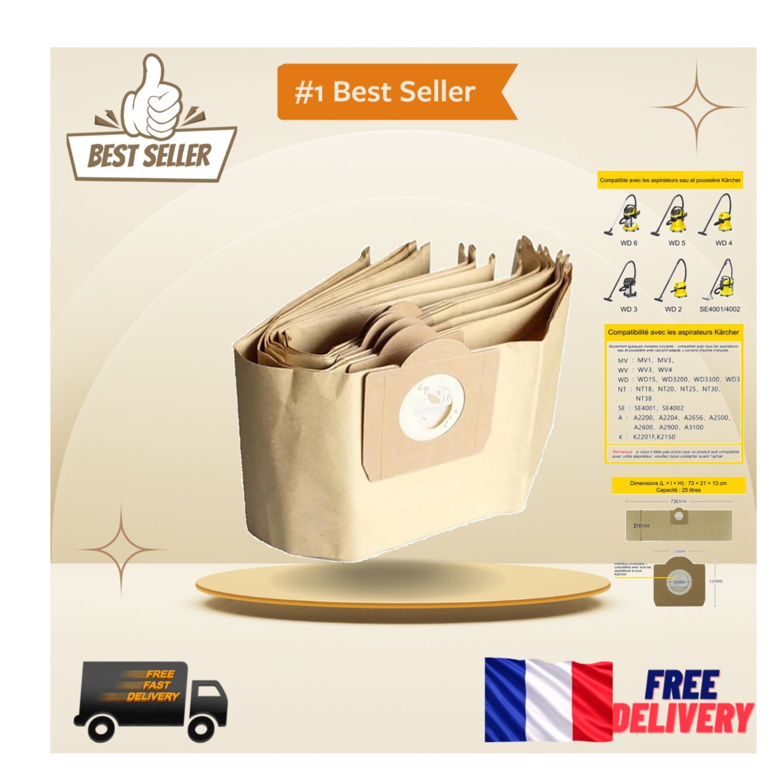 Sac pour aspirateur Karcher 25L anti-déchirure pour éviter les fuites de poussière