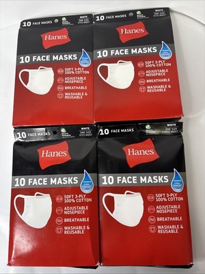 4x10 Pack Hanes Face Masks White Cotton Cooling Reusable Cover Cloth Facemask FS
