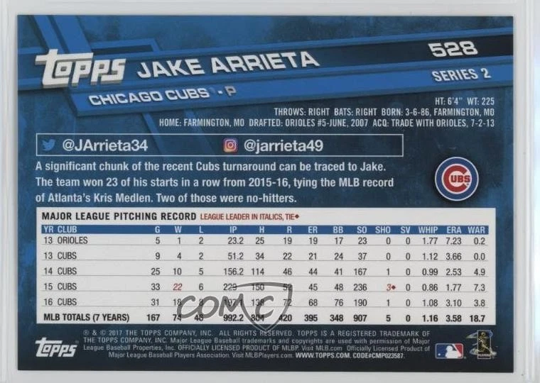 2017 Topps SP (With Bat) Jake Arrieta #528 - Image 2 of 2