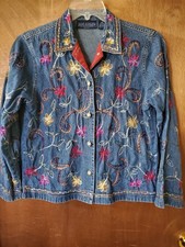VTG. Jane Ashley Jacket Women's Petite Med. Multicolor Embroidered Denim Casual