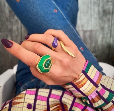 Natural Stone Ring Size 8 Brazilian Designer 18k Gold Plated Unique Jewelry