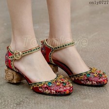 Rhinestone Women's Satins Flower Dress Shoes Block Heel Ankle Strap Chic Vintage