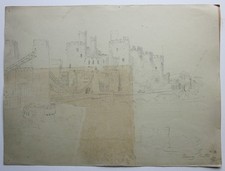 1877 Conway Castle Victorian Original Pencil Drawing Antique Conwy N Wales