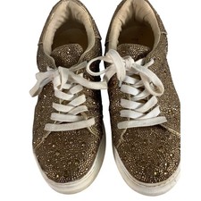 Betsey Johnson Gold Rhinestone Platform Sneakers Low Top Lace Up Sparkly Shoes