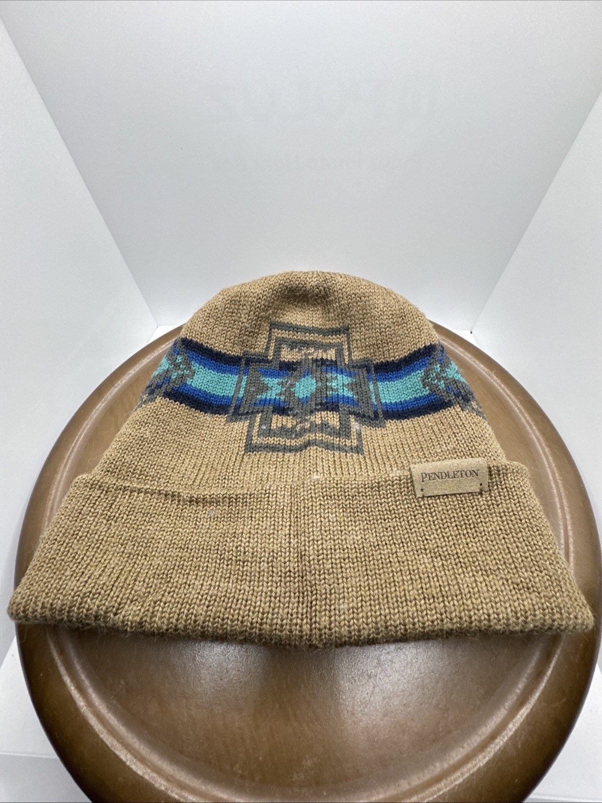 Pendleton Beanie Tan Brown Aztec Pattern Knit Cap… - image 1