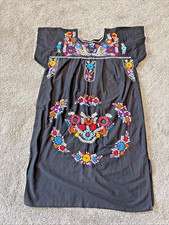Women's Mexican Colorful Embroidered Floral Plus Size Black Cotton Dress L/XL