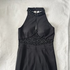 Halter Neck Black Evening Dress Long Mermaid Prom Gown Crystal Beaded Formal XS