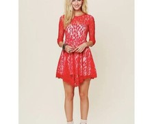 Free People Floral Lace Dress Womens Size 6 Red Fit & Flare Cotton 3/4 Sleeve