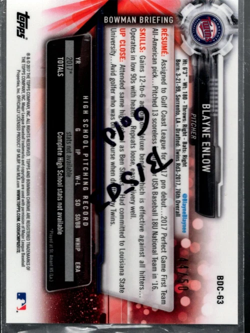 B1503- 2017 Bowman Chrome Draft Gold Refractors #BDC63 Blayne Enlow /50 - NM-MT - Image 2 of 2