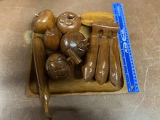 Vintage Mid Century Carved Wood Fruit and Vegetables Centerpiece W/ Wooden Tray