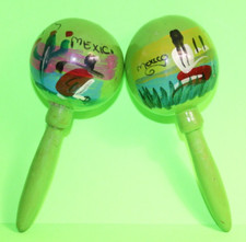 Set Of 2 Hand Painted Wooden Maracas Mexico Souvenir Musical Instrument 6.25"