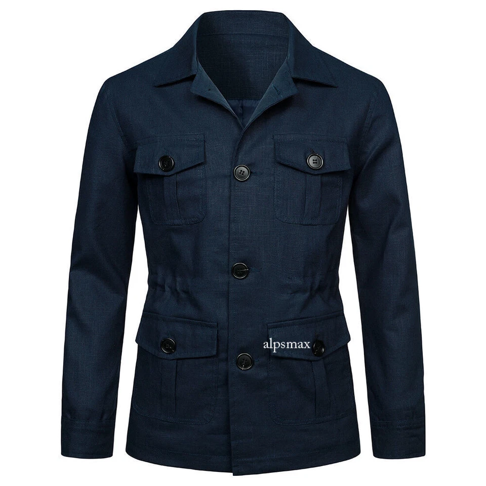 Men's 100% Linen Safari Jacket Pockets Slim Fit Hunting Coat Casual Tops British - Image 3 of 4