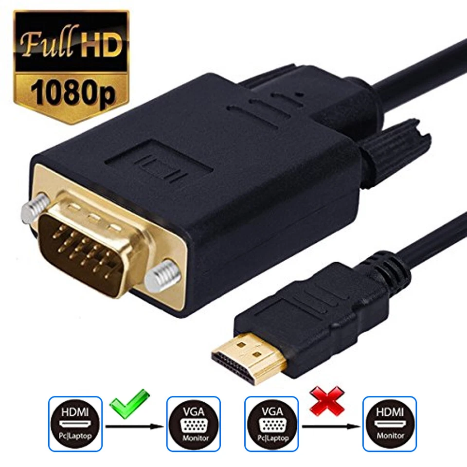 HDMI Stecker zu VGA Stecker Kabel - 1,8m - 1080p PC Monitor Adapter Vergoldet - Bild 3 von 4