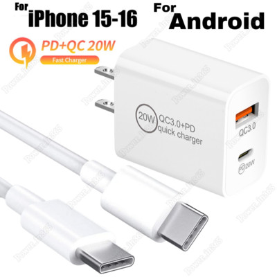 20W Type C Fast Charger Block Adapter USB C Cable For iPhone 16 15 Pro Samsung