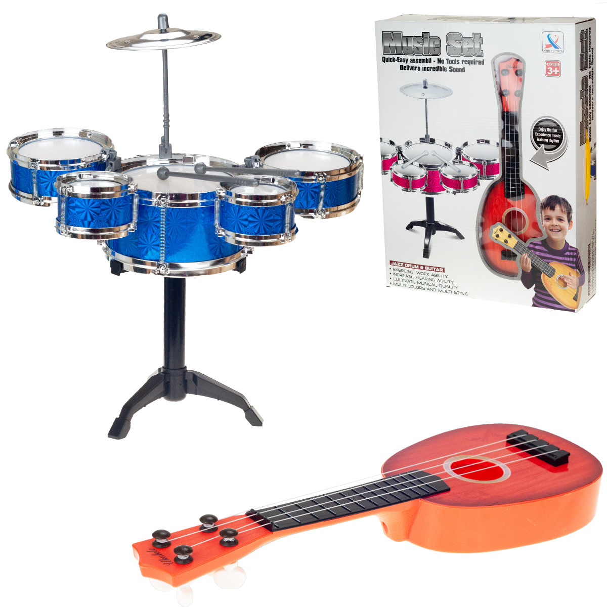 Musikinstrumente Set für Kinder: Ukulele, Trommeln, Gitarre, Teller und mehr 