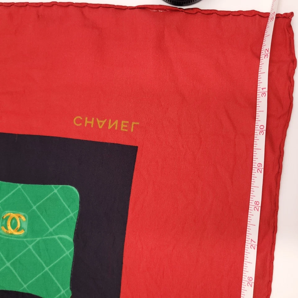Chanel Scarf Silk Quilted Purse Print Logo Vintage Red Black Green Blue 34 x 34 - Image 4 of 4