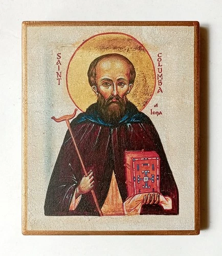 Christian Icon of the Saint Columba of Iona, Handmade, Wooden Board, 17.5x14.5cm
