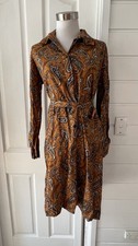 SHANE 70s Vintage Long Sleeve Brown Paisley Cotton Knee Length Dress - Medium