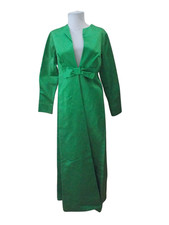 VTG Heavy Green Satin Full Length Evening Opera Coat Jacket w/ Bow Detail Sz 12