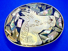 Southwestern Style Horse Head Engraved with Abalone Shell Inlaid Belt Buckle
