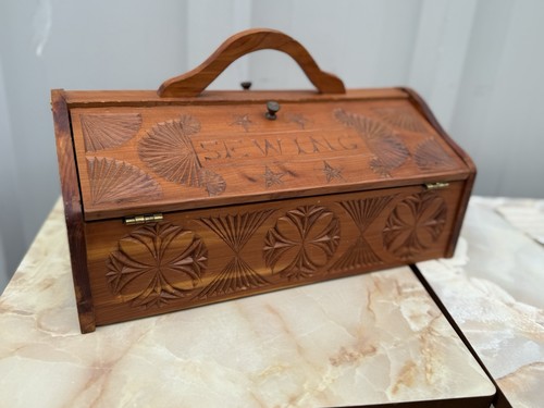 Vtg Hand Carved Wood Sewing Box Slant Drop Front Folk Art Storage Chest Handle