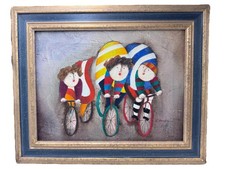 Vintage Joyce Roybal 16x14” Three Cyclists Signed Oil On Canvas Framed Painting.