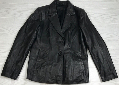 Jaclyn Smith Black Leather Jacket Womens 14 Button Up Collared Pockets Lined