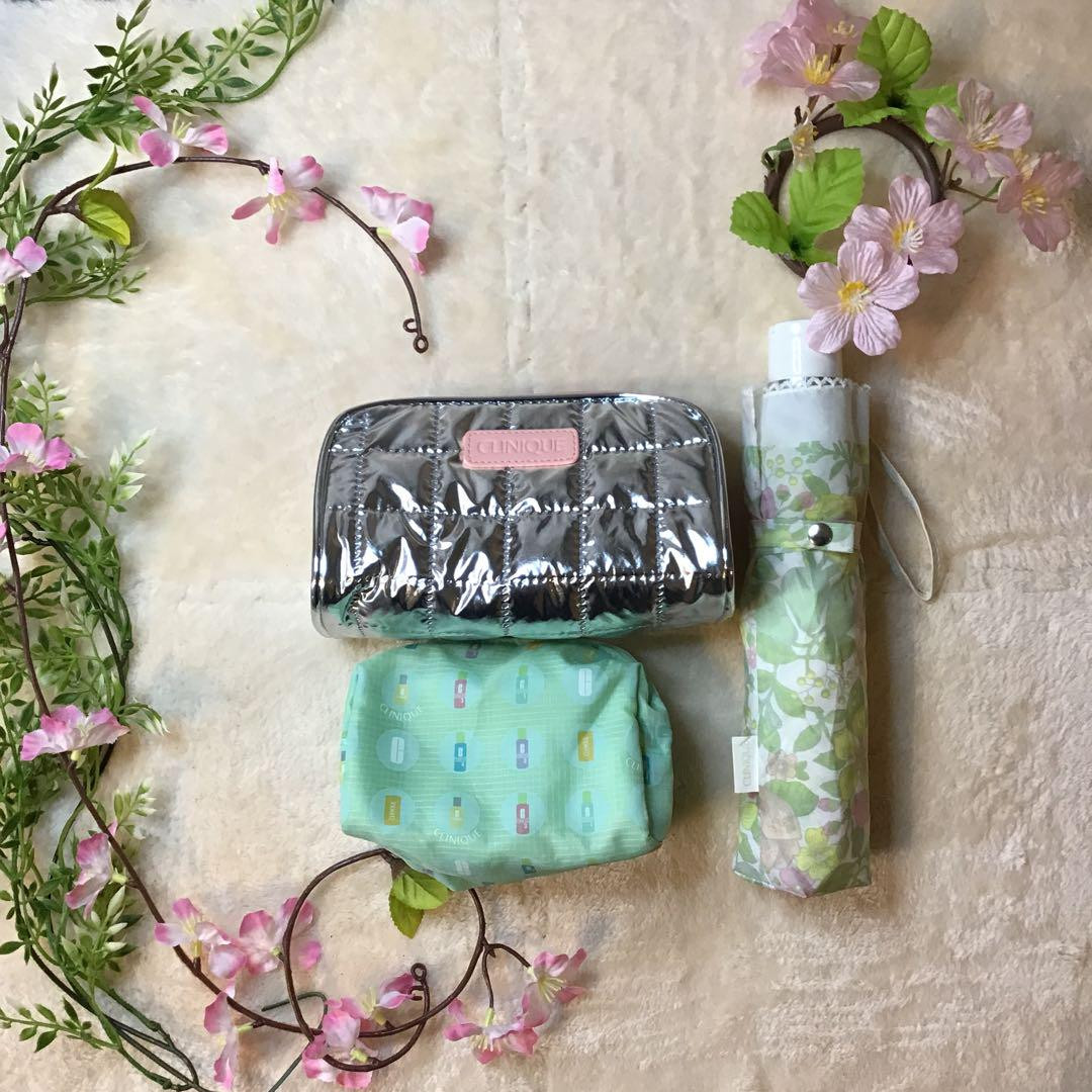 Clinique Floral Cosmetic Foldable Umbrella for Sun and Rain 3 Pouch Set-image