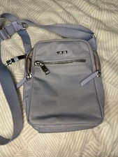 TUMI Gray Crossbody Bag, Zip Closure, Adjustable Strap, Lined, Pockets