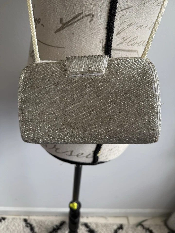 Vintage Neiman Marcus Evening Bag Silver Beaded  Purse chain strap - Image 2 of 4