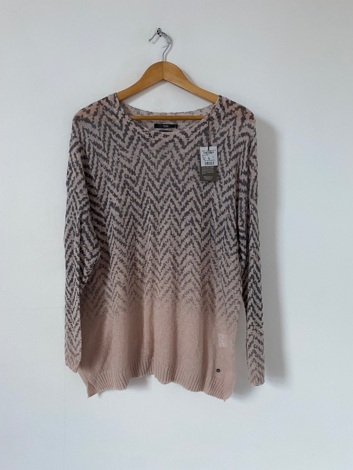 Brax Women Jumper Size 16 Pink Grey Alpaca Wool Chevron Knit Pullover Relaxed
